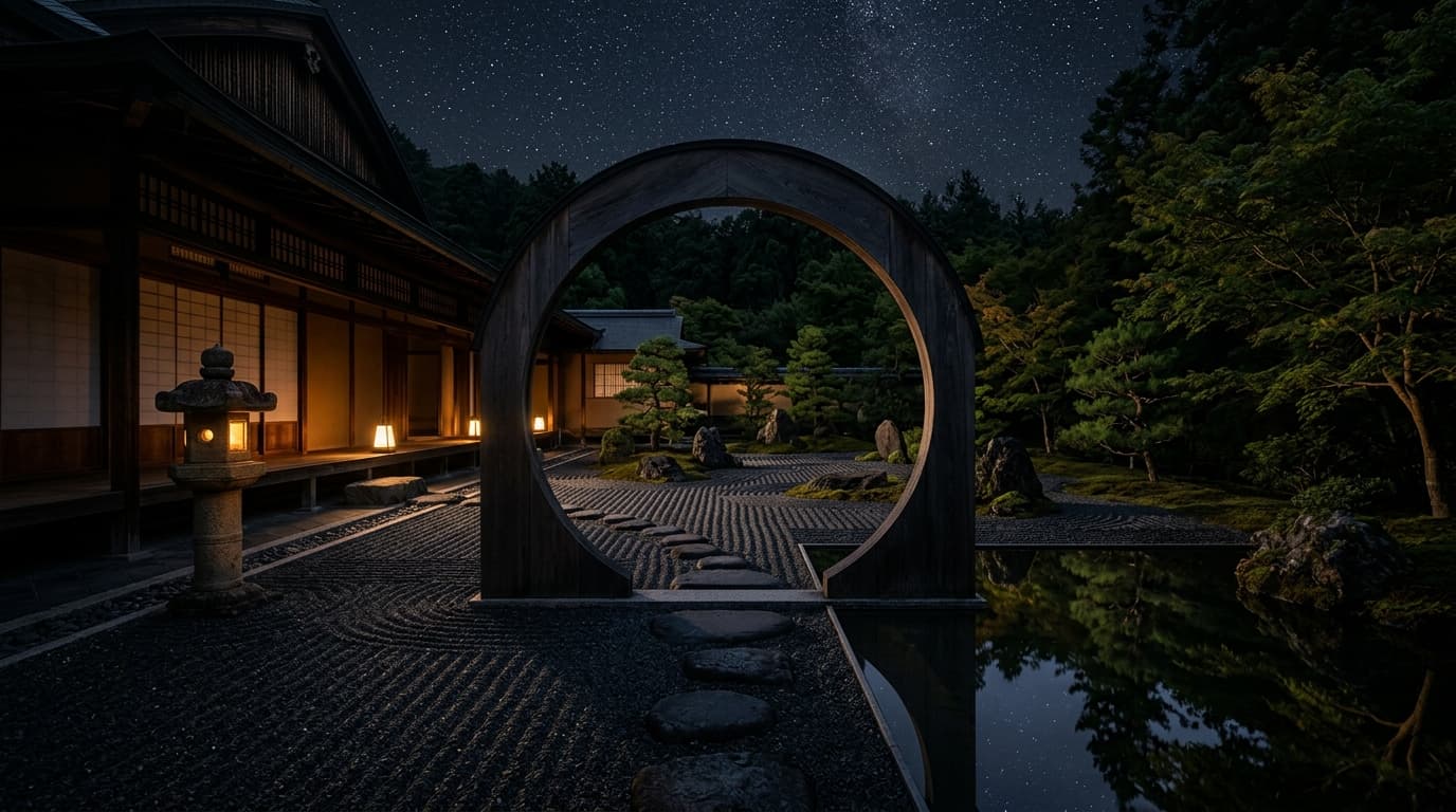 Japanese garden sanctuary under a starry sky with illuminated moon gate and warm lantern glow